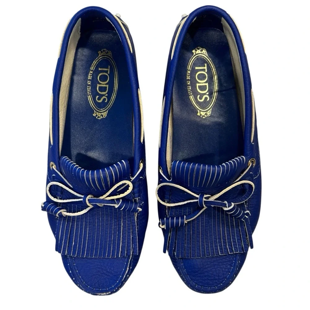 TOD'S Bubble Gommino Loafer Moccasin Italian Leather Fringe Blue Women's Size 39 - Picture 3 of 17